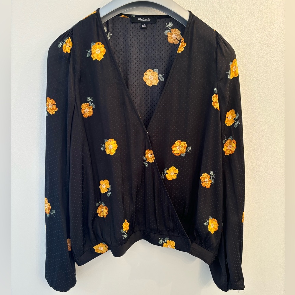 Madewell Bubble Sleeve Black Wrap Top with Floating Florets